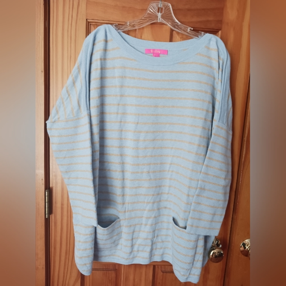 Lilly Pulitzer Blue and Gold Striped Women's Tunic Sweater XL EUC